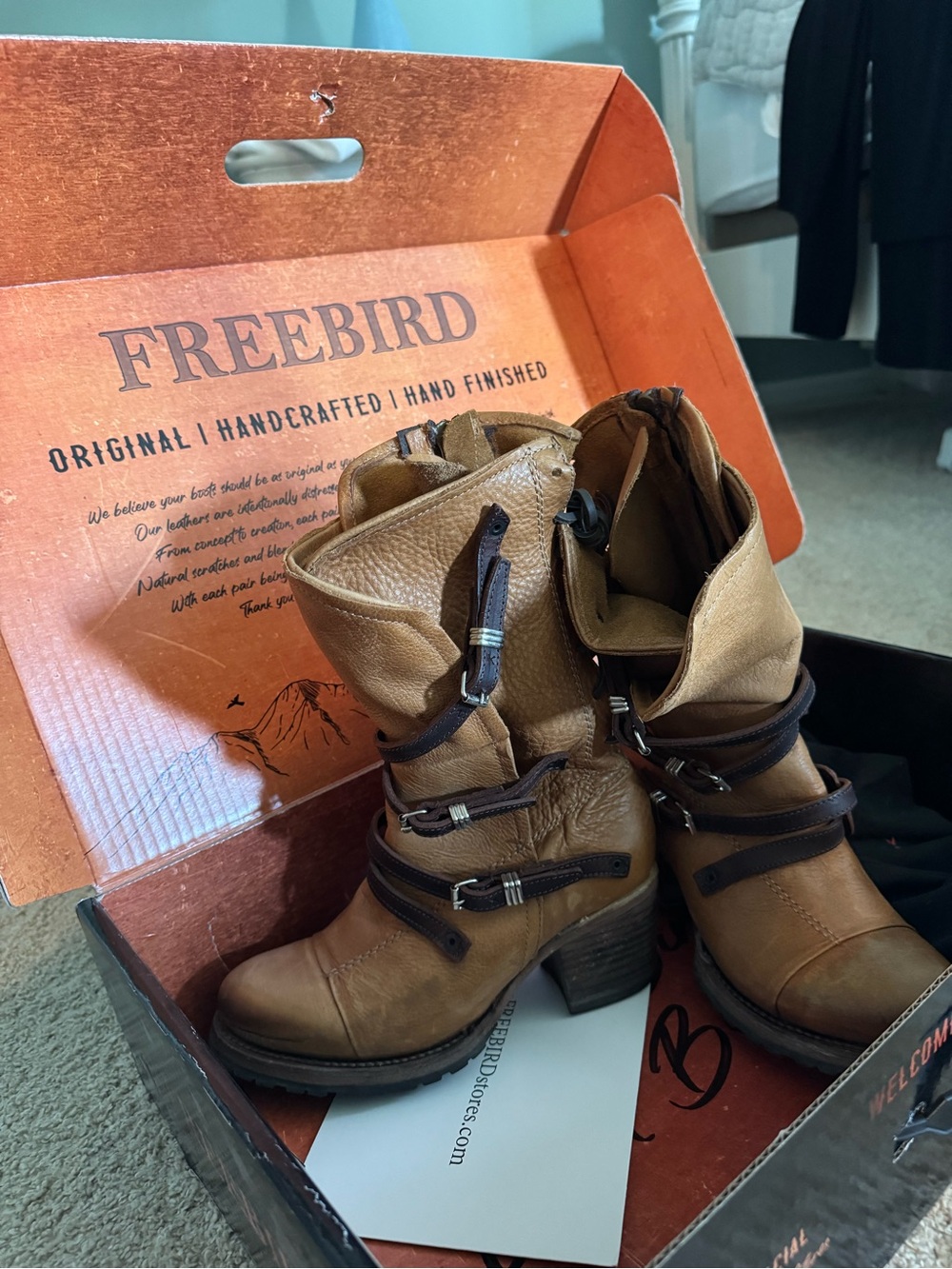 freebird tan leather mid-calf buckle boots with dark brown straps